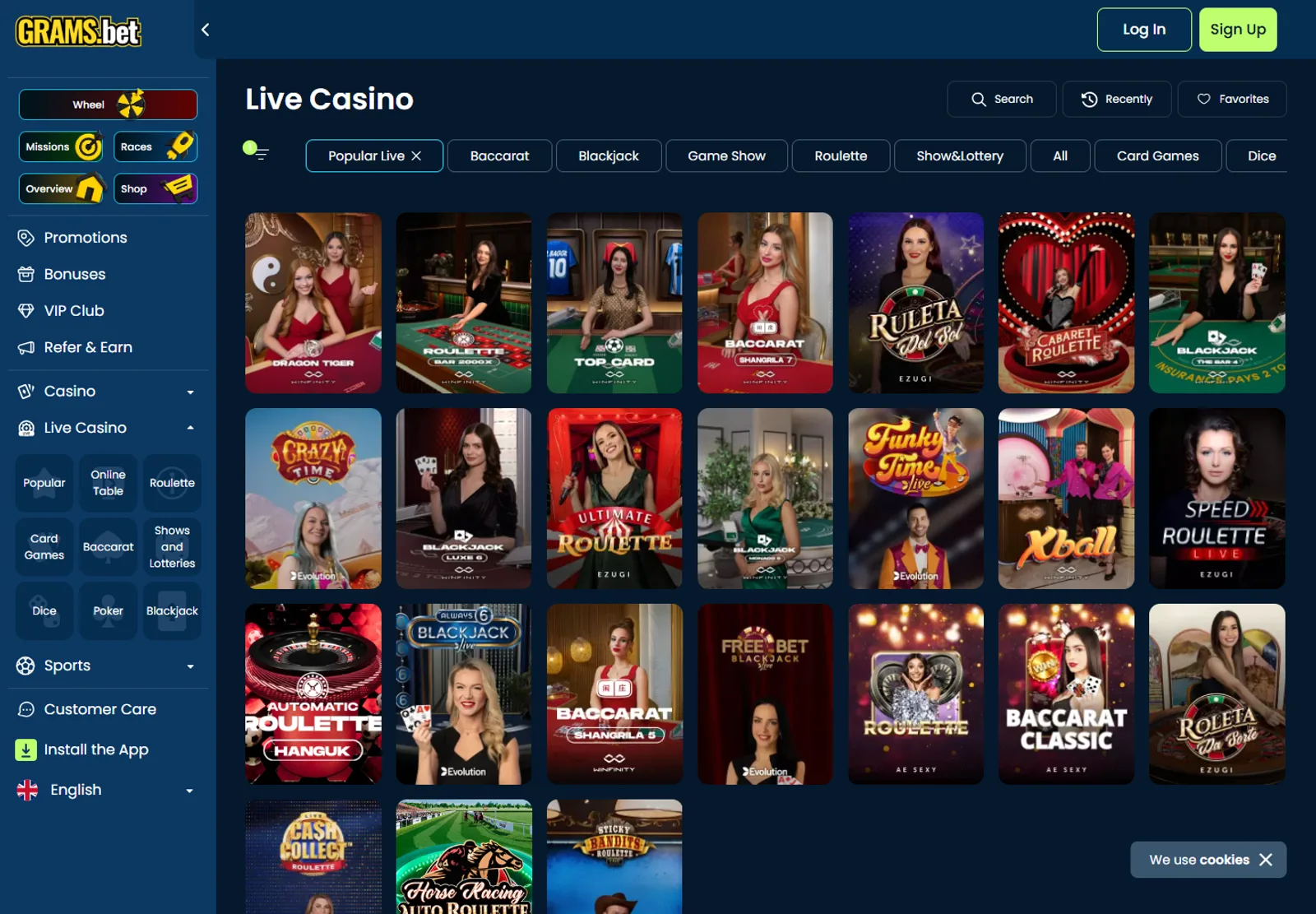 GramsBet Live Casino page with roulette, baccarat and blackjack tables