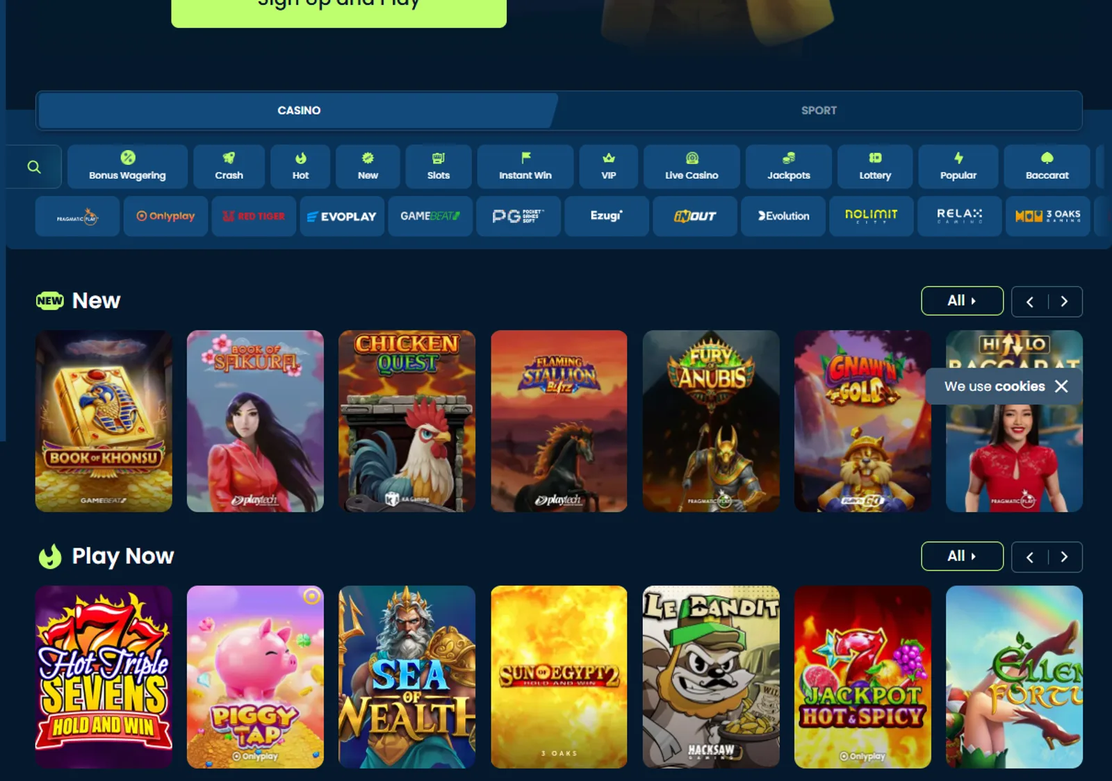 GramsBet casino lobby with category filters and colourful game tiles