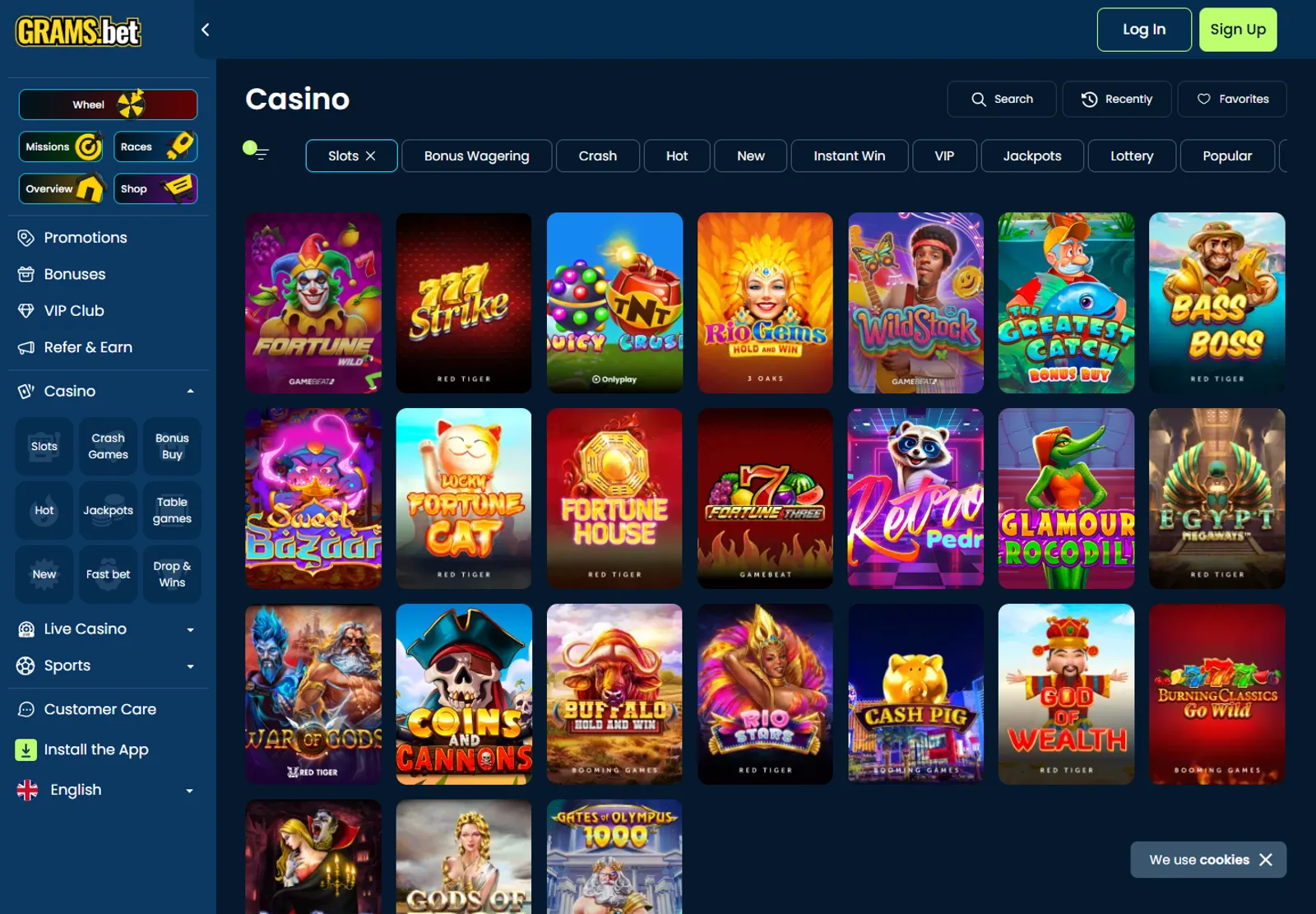 GramsBet Slots page with search controls, category tabs and game covers