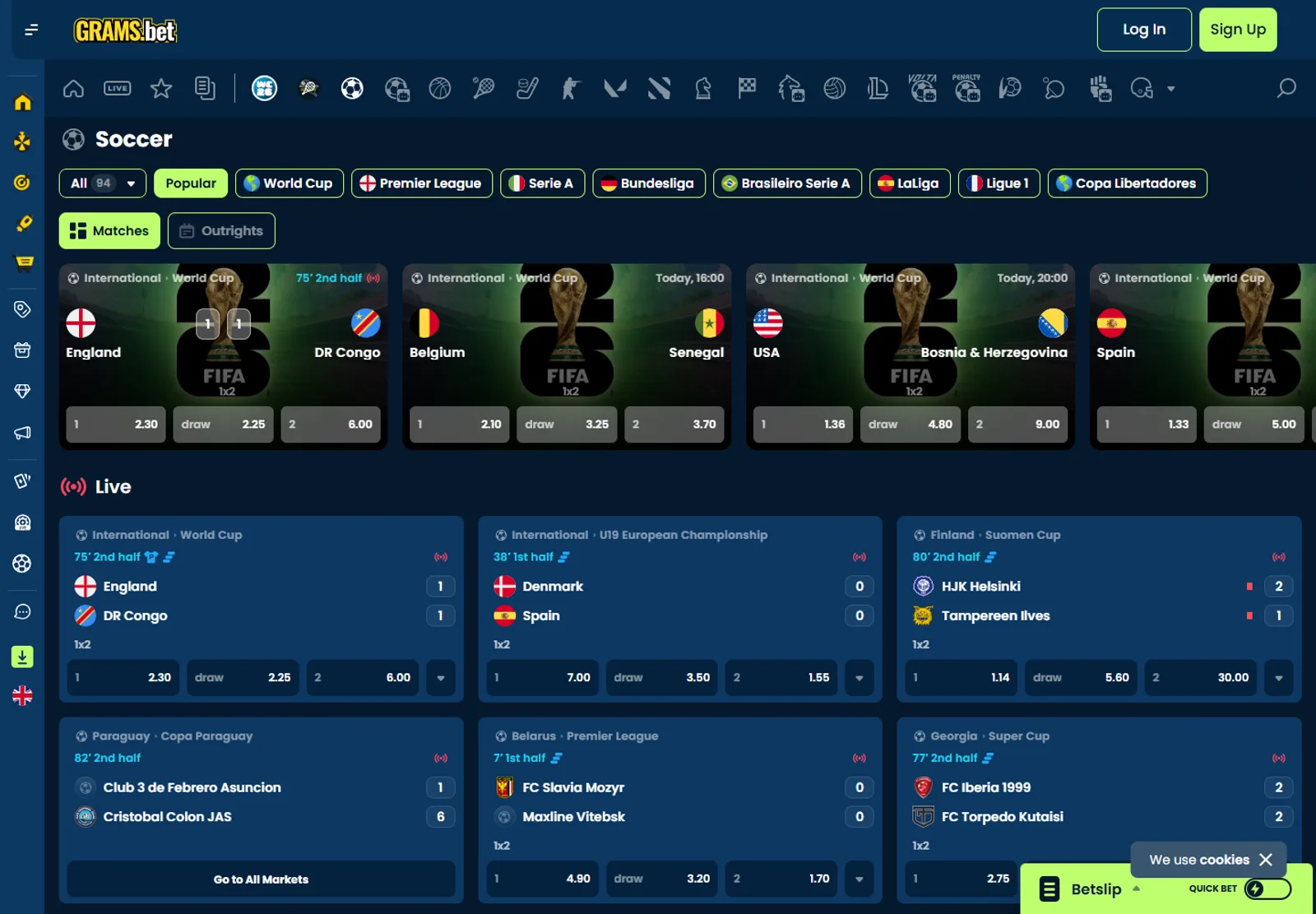 GramsBet Sports page with football fixtures, live scores and market buttons